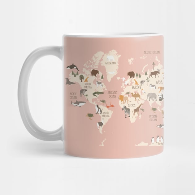 Animal World Map Pink by JunkyDotCom